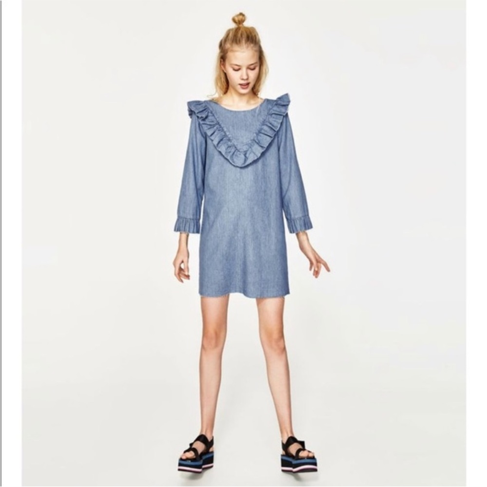 ZARA denim ruffled short Elegant Blue Denim Dress M